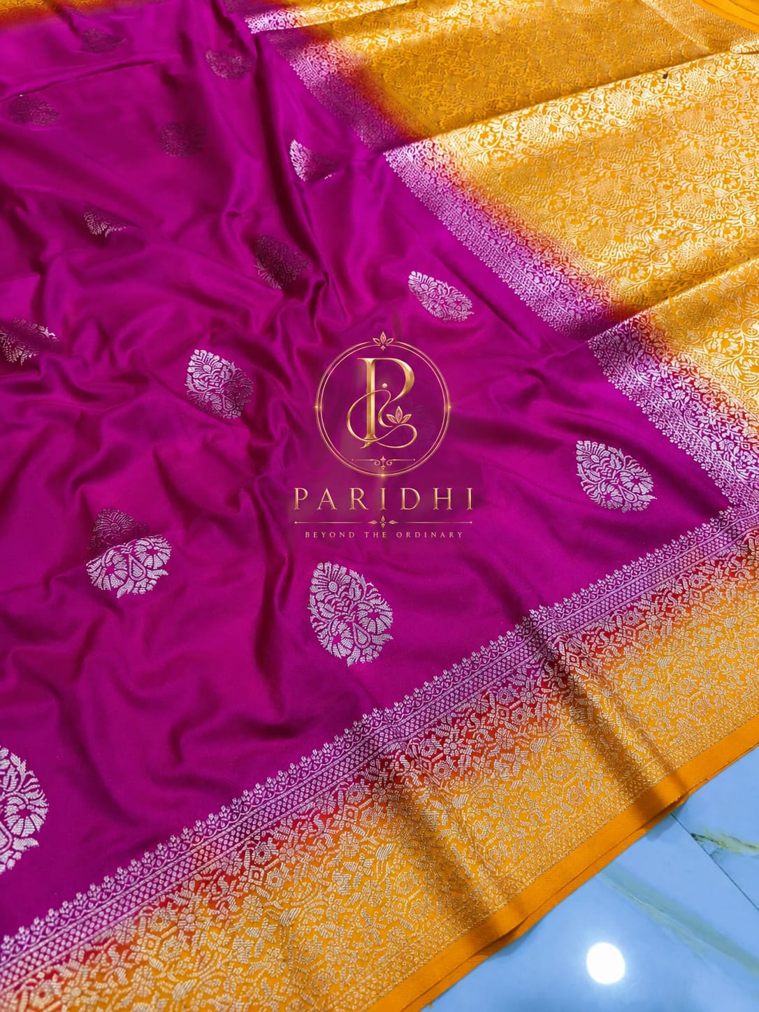 Magenta khaddi saree with mustard contrast border