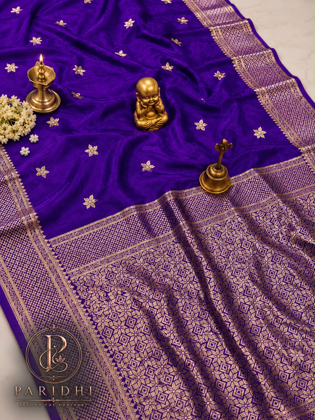 Royal violet Tanchui katan silk saree with golden geometric pallu