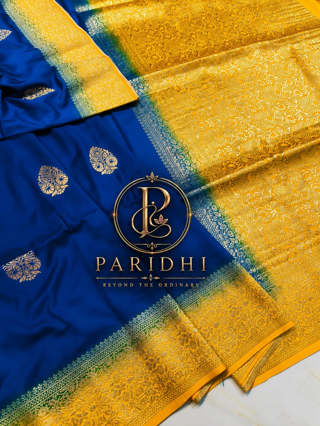 Royal blue khaddi saree with mustard golden jari border