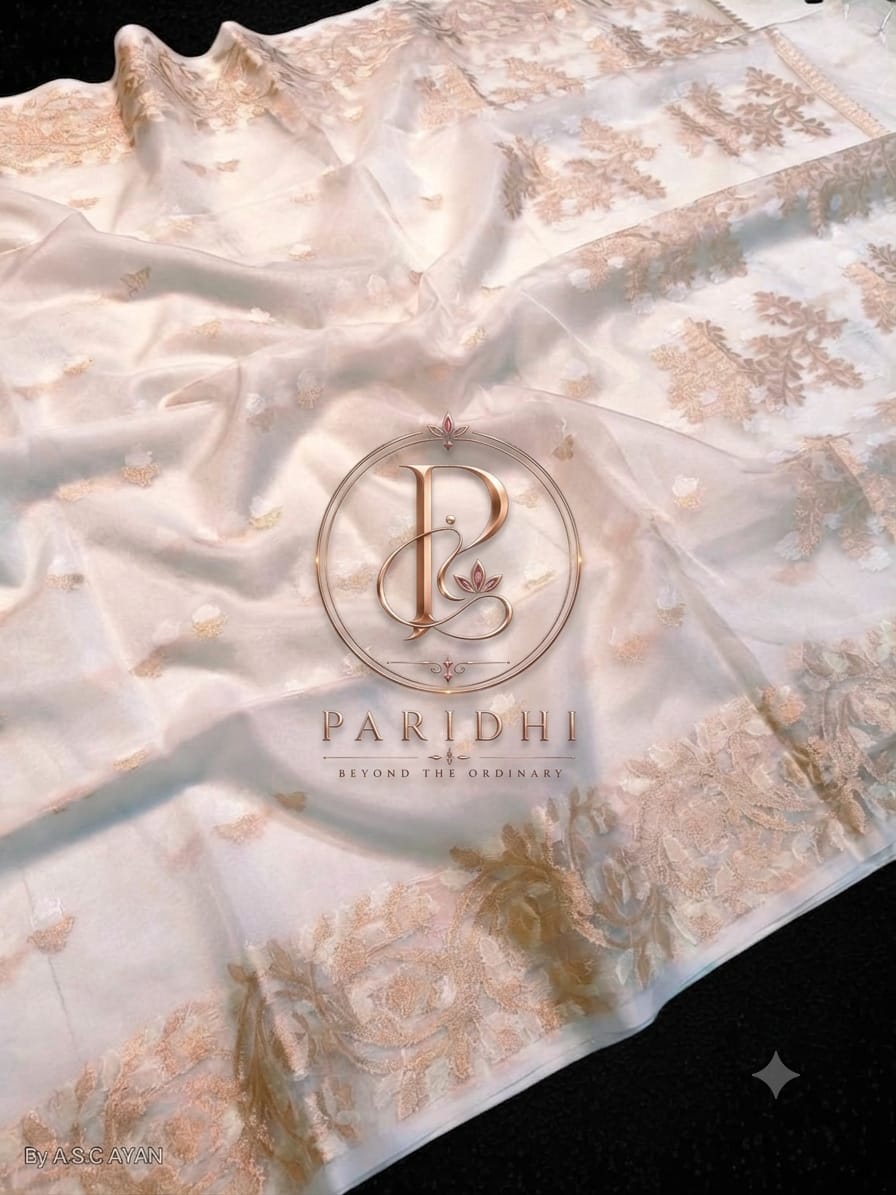 Ivory pure maslin jamdani saree with rose-gold jari and suto weaving