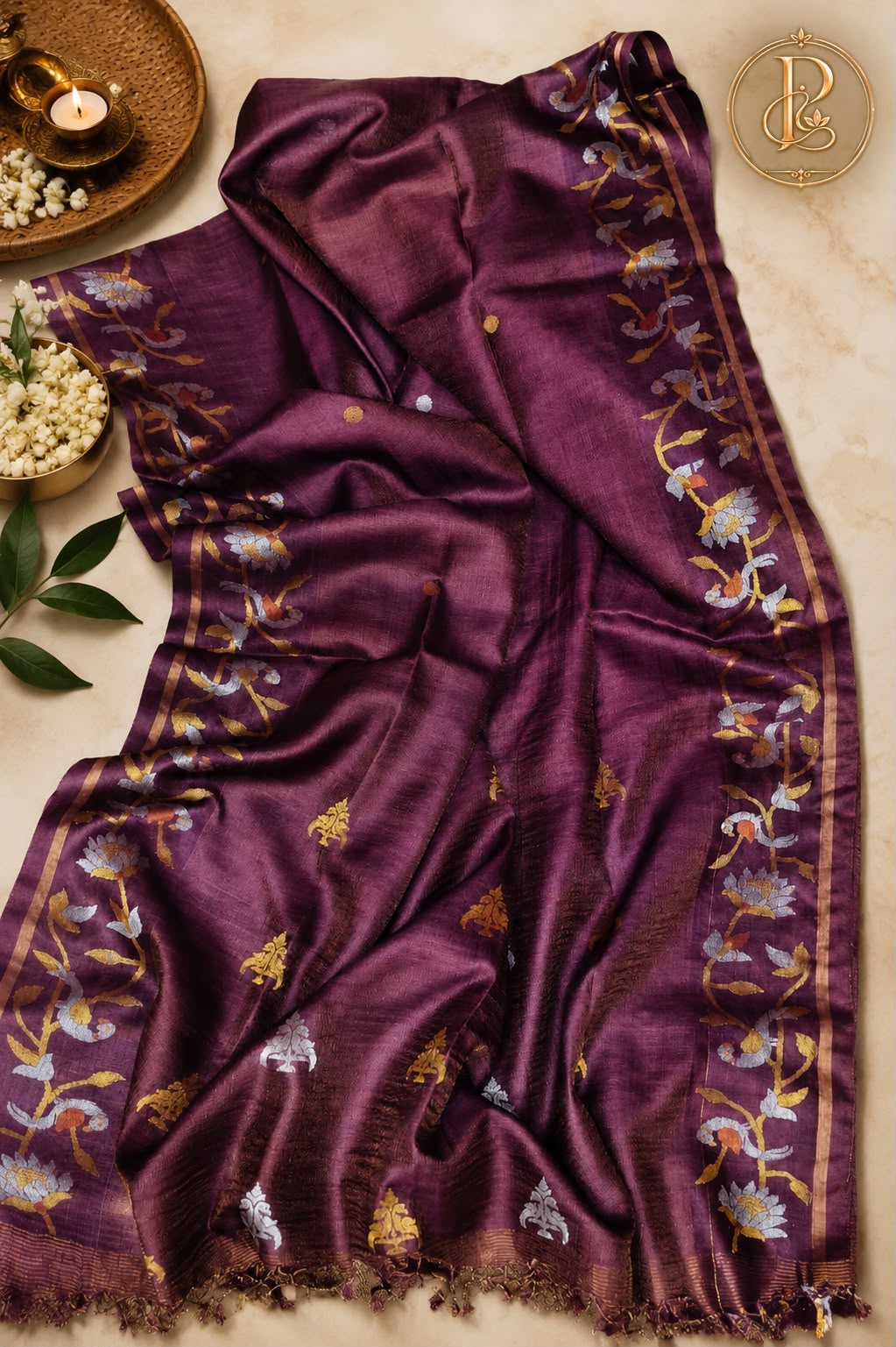 Wine plum tissue tassar Benarasi saree with lotus creeper border and knotted fringe